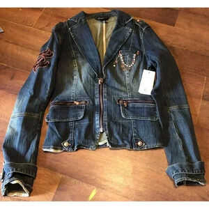 ROCAWEAR Vintage Y2K Women’s Embroidered Jean Jacket Size L Jewel Charm